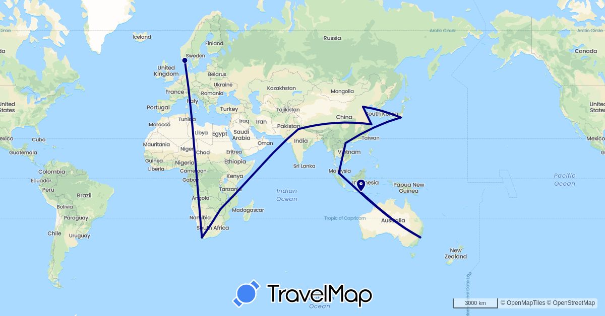 TravelMap itinerary: driving in Australia, China, Indonesia, India, Japan, Malaysia, Norway, Singapore, Vietnam, South Africa, Zimbabwe (Africa, Asia, Europe, Oceania)